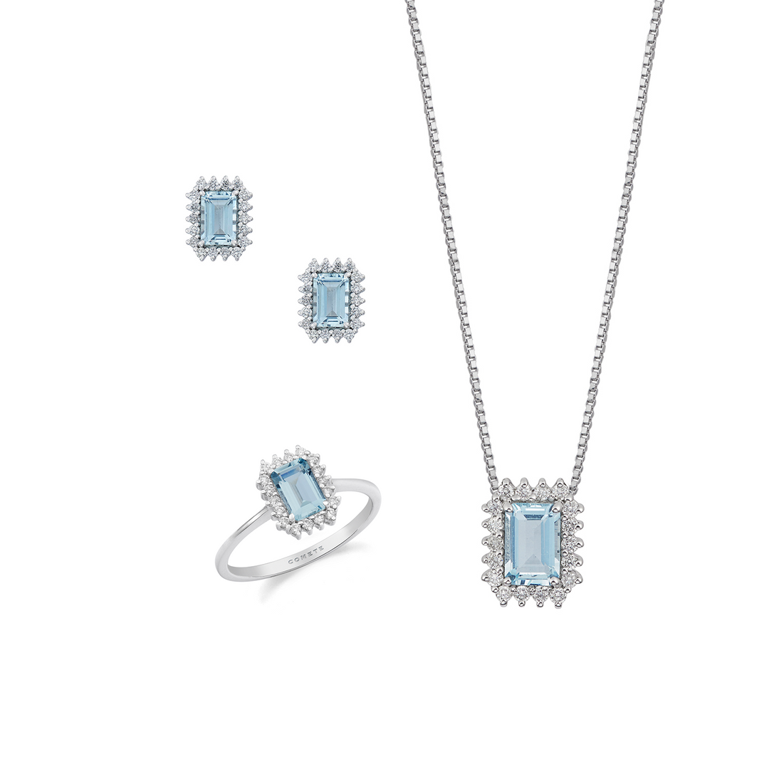 Comete Halskette, Ring und Ohrringe aus 750‰ Weißgold, Diamanten, achteckiger Aquamarin KIT308343272