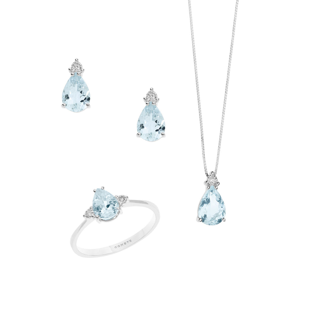 Comete Collana, Anello e Orecchini in Oro Diamanti e Acquamarina Goccia KIT279307242