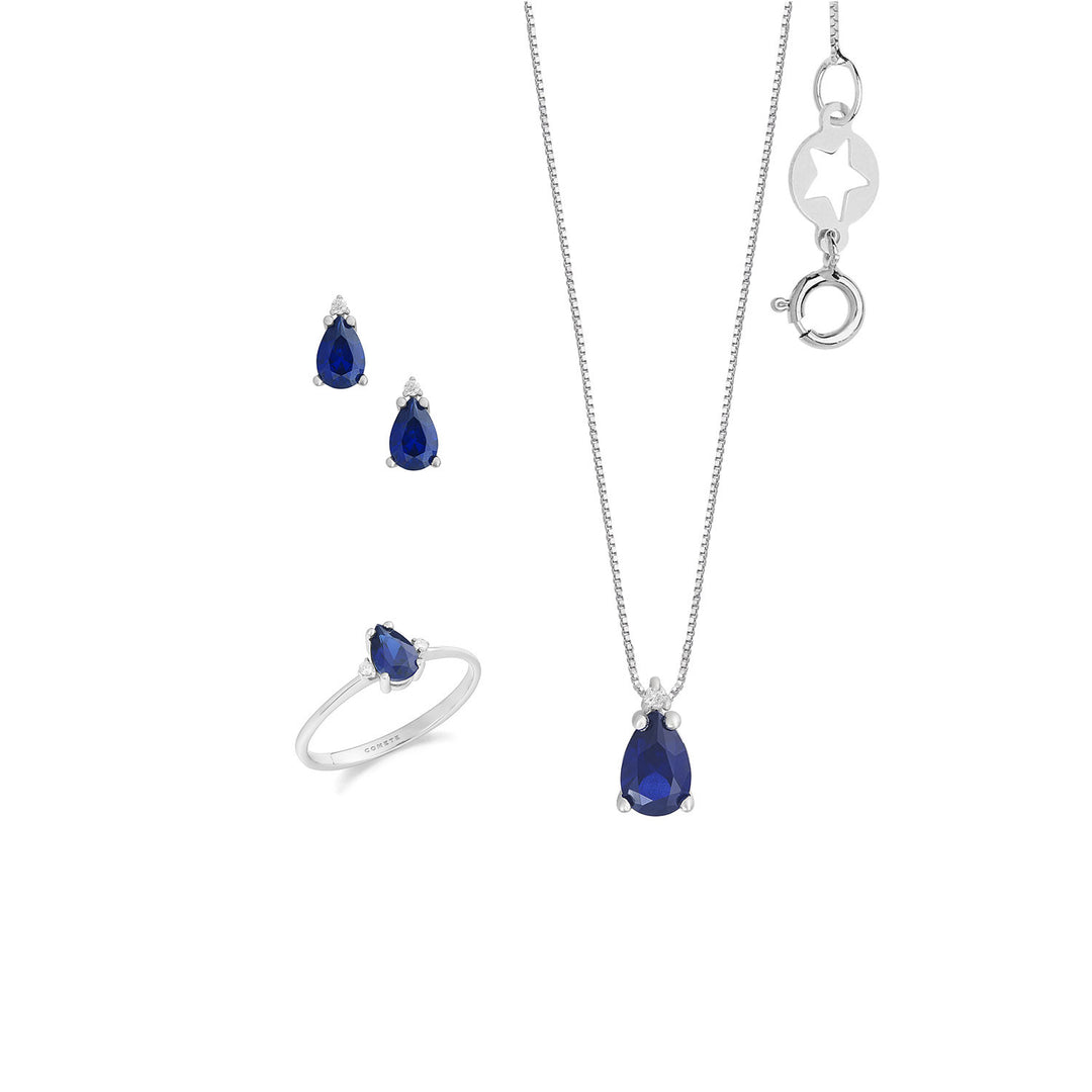 Comete Girocollo, Orecchini e Anello in Oro 750 ‰, Diamanti e Zaffiro goccia KIT168227091126
