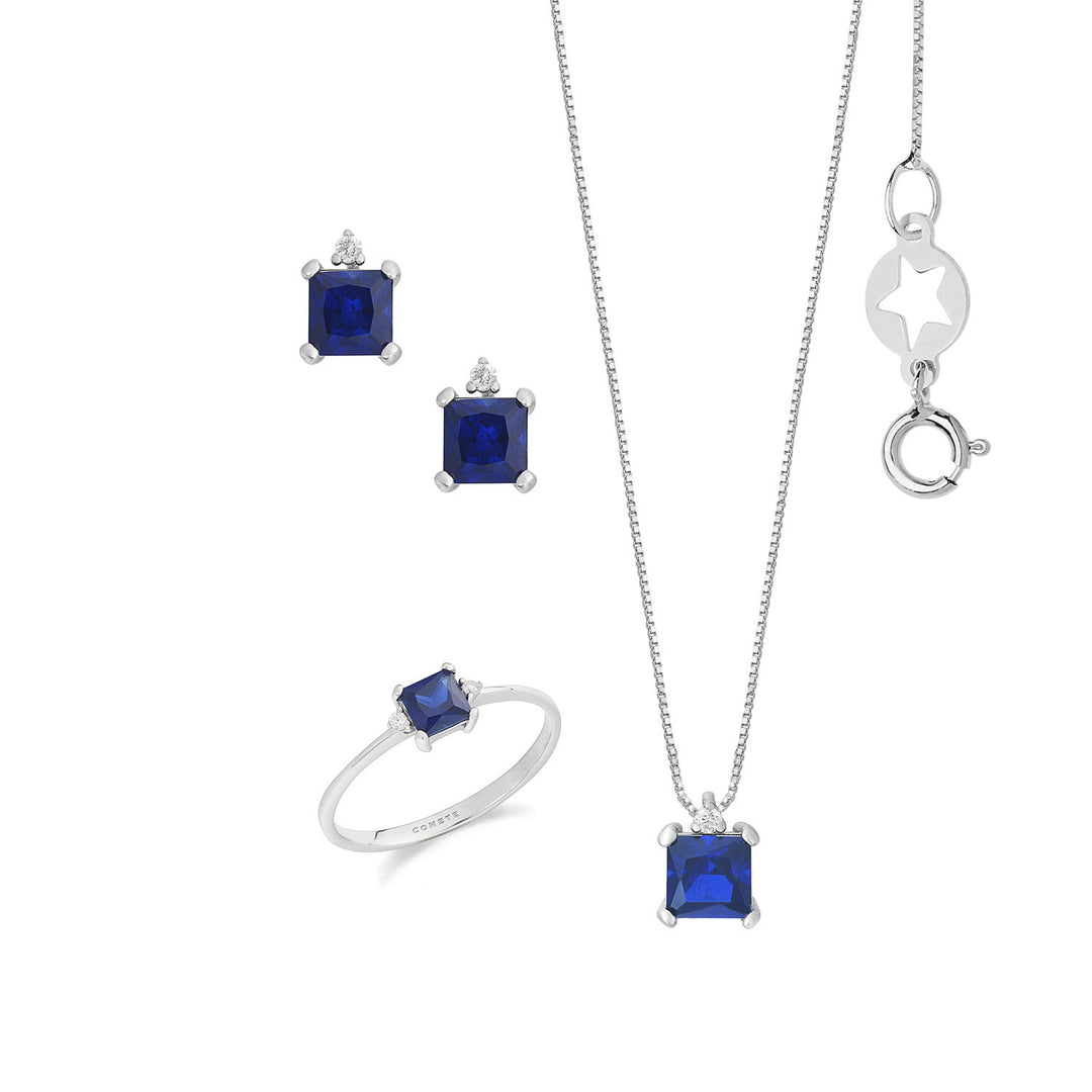 Comete Girocollo, Orecchini e Anello in Oro bianco Diamanti e Zaffiro blu KIT167927061123