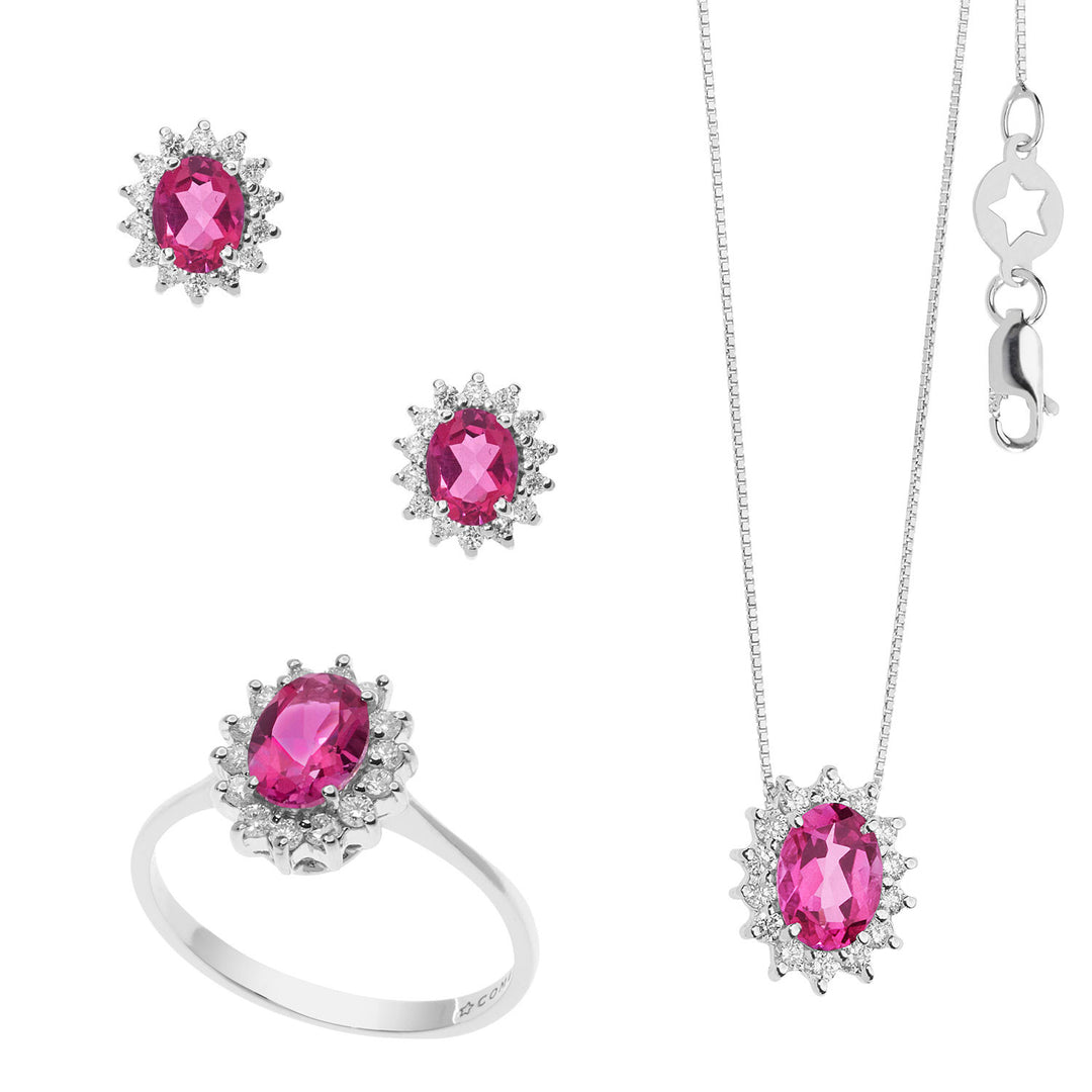 Comete Collana, Anello e Orecchini in Oro Diamanti e Topazio Rosa ovale KIT157925931037