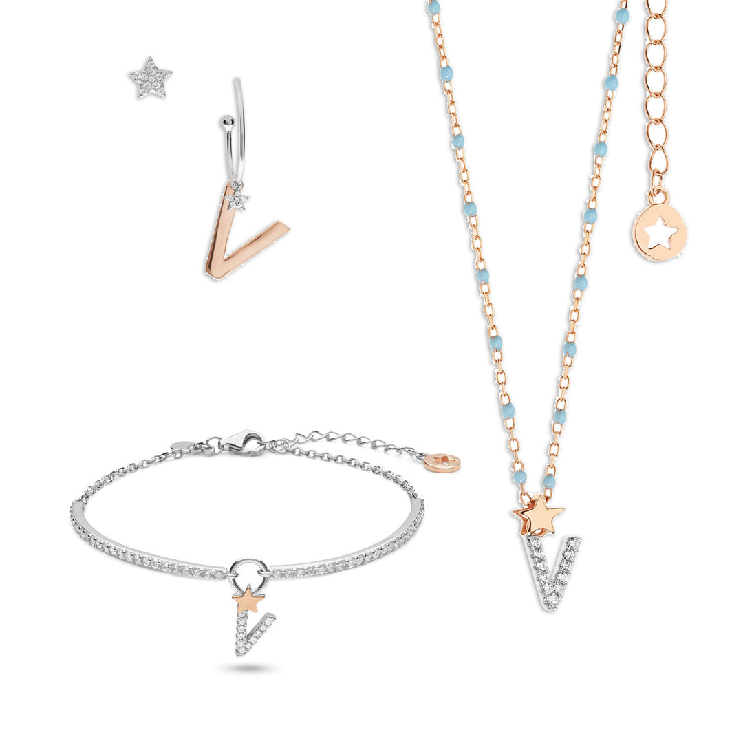 Comete Collana, orecchini e bracciale in Argento Lettera V KIT194169198
