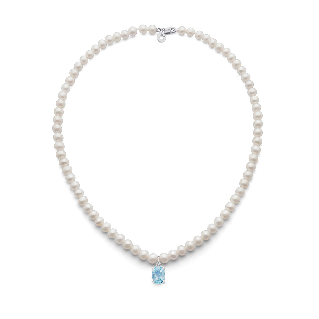 Comete Girocollo Perle in Oro e Diamante e Acquamarina ovale FWQ380