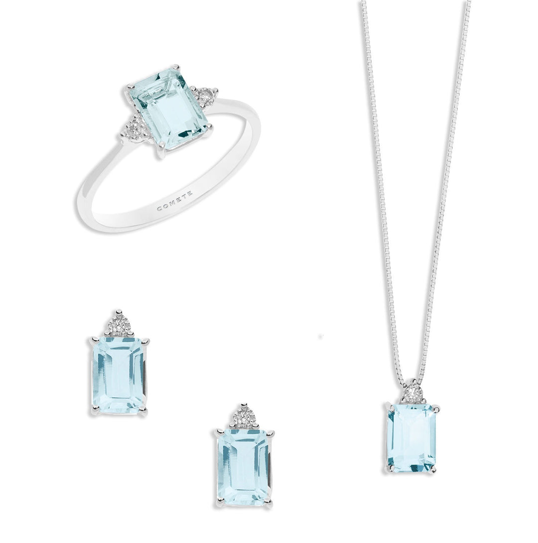 Comete Collana, Anello e Orecchini in Oro Diamanti e Acquamarina Ottagonale KIT278306241