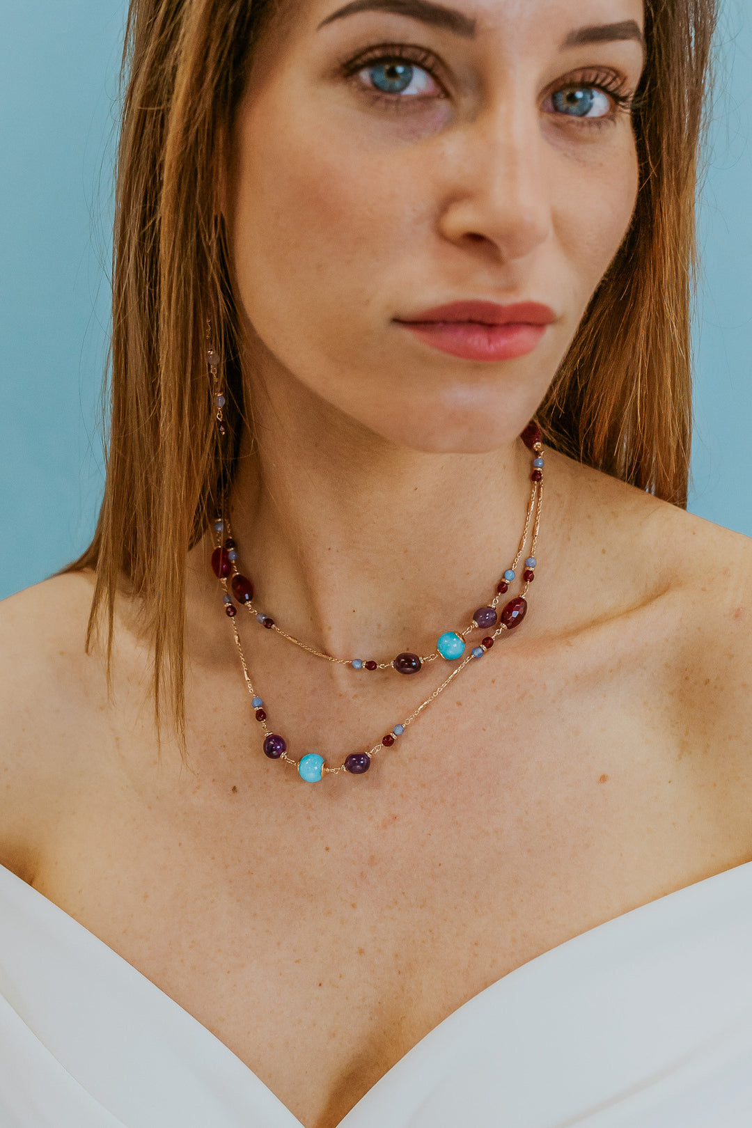Comete 925‰ Silberhalskette mit farbigem Amethyst, Jade und Achat GLA274