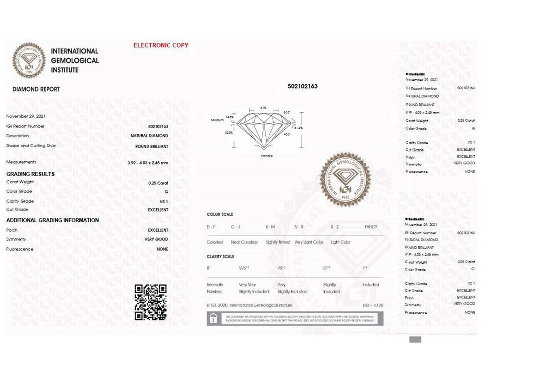 IGI diamant v blistru certifikovaný briliantový brus 0,25ct barva G čistota VS 1 - Capodagli 1937