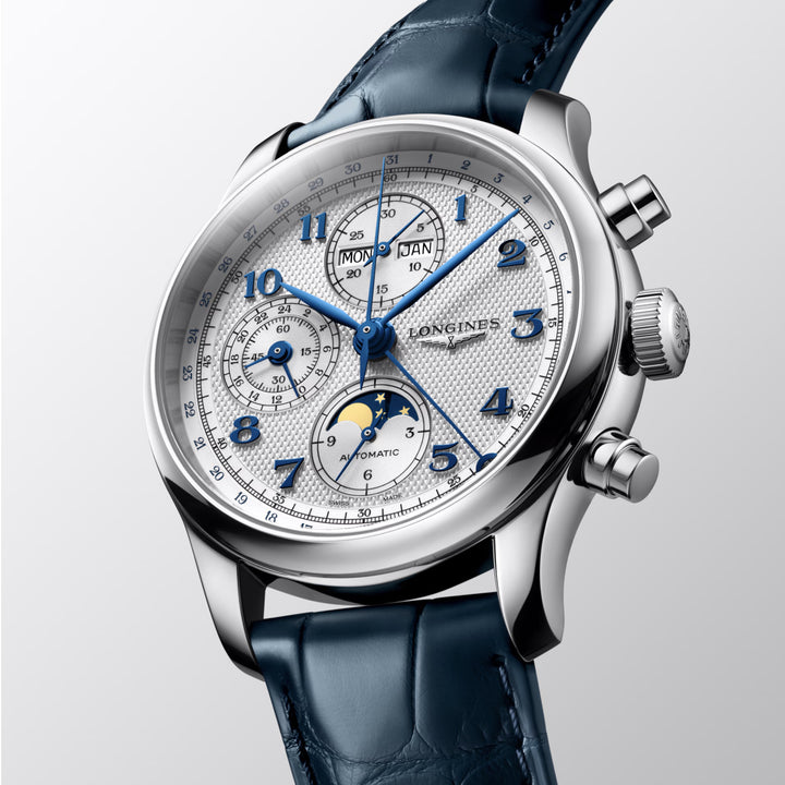 Zegarek Longines Master Collection Chrono Moonphase 41 mm srebrny automatyczny stal L2.962.4.73.2