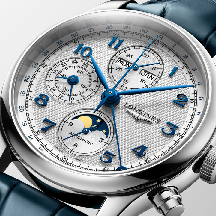 Zegarek Longines Master Collection Chrono Moonphase 41 mm srebrny automatyczny stal L2.962.4.73.2