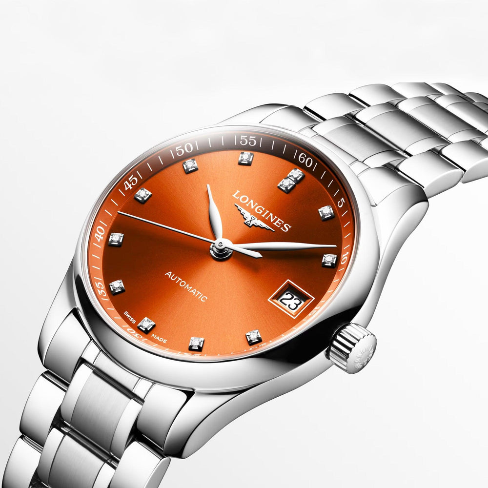 Longines ur Master Collection 34mm orange diamanter automatisk stål L2.357.4.08.6 - Capodagli 1937