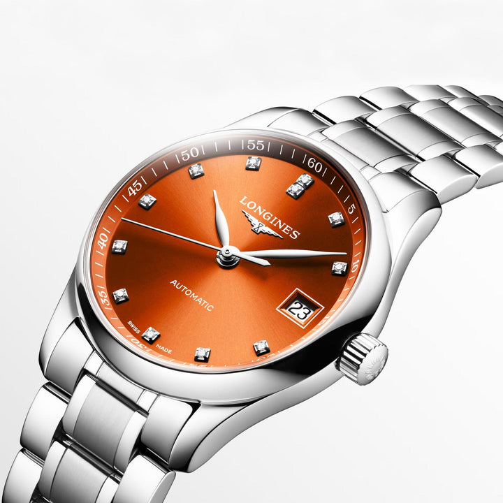 Longines hodinky Master Collection 34mm oranžové diamanty automatická ocel L2.357.4.08.6 - Capodagli 1937