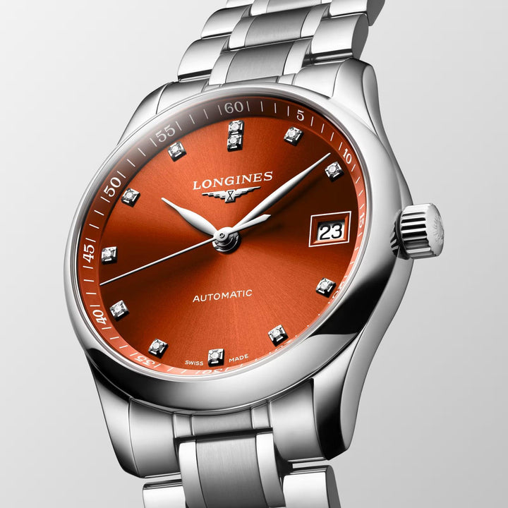 Longines hodinky Master Collection 34mm oranžové diamanty automatická ocel L2.357.4.08.6 - Capodagli 1937