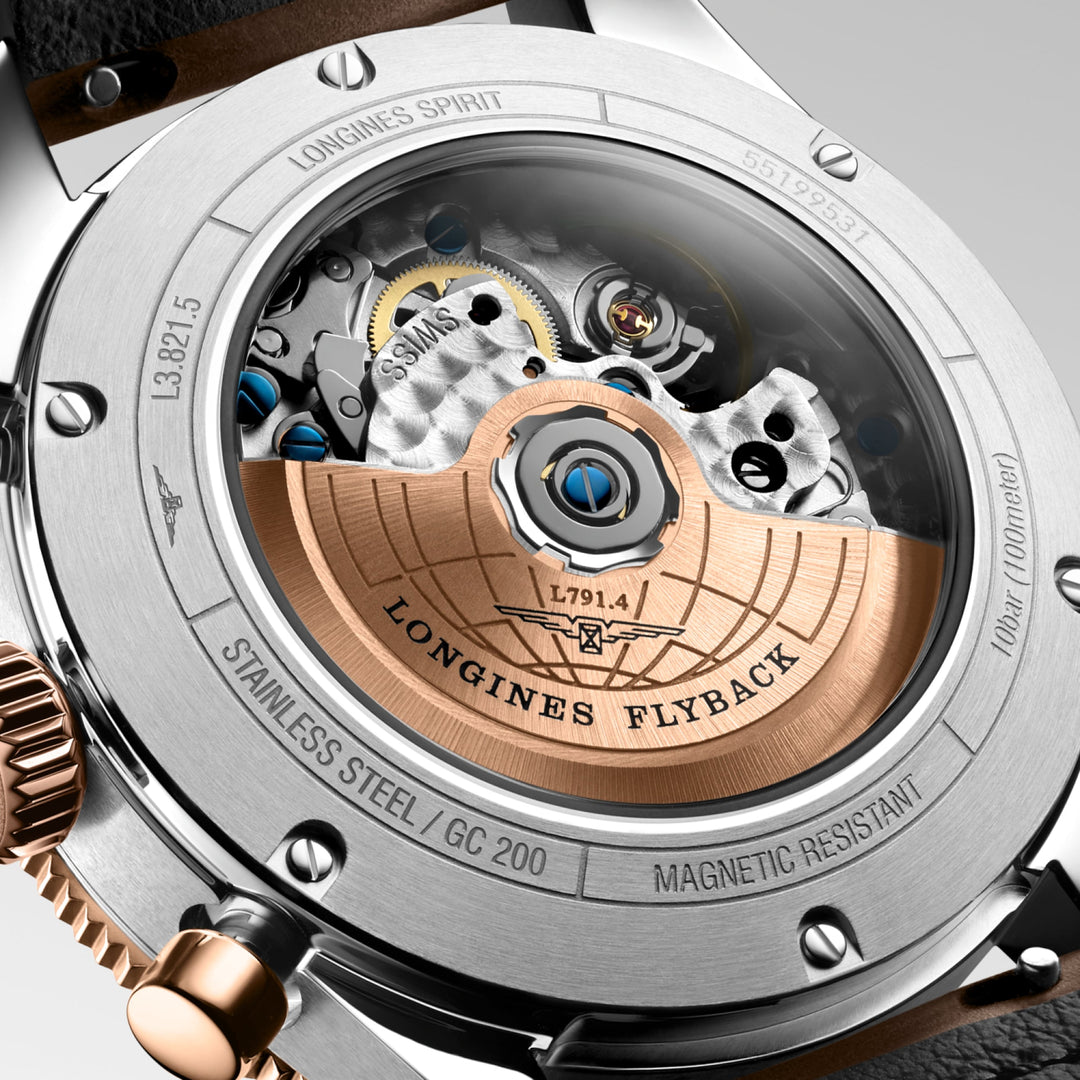 Longines orologio Spirit Flyback 42mm marrone automatico acciaio e oro rosa 18kt L3.821.5.59.2