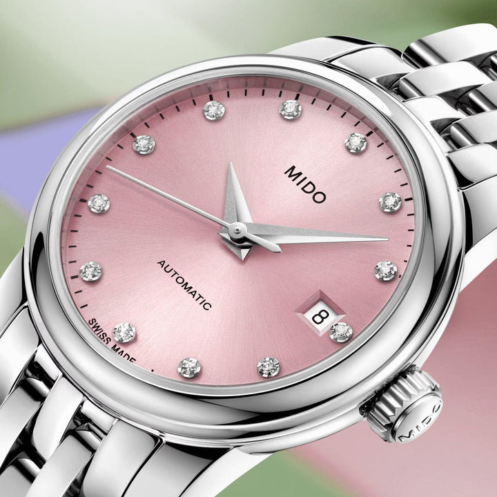Relógio Mido Baroncelli Lady Twenty Five 25mm rosa automático aço M039.007.11.336.00 - Capodagli 1937