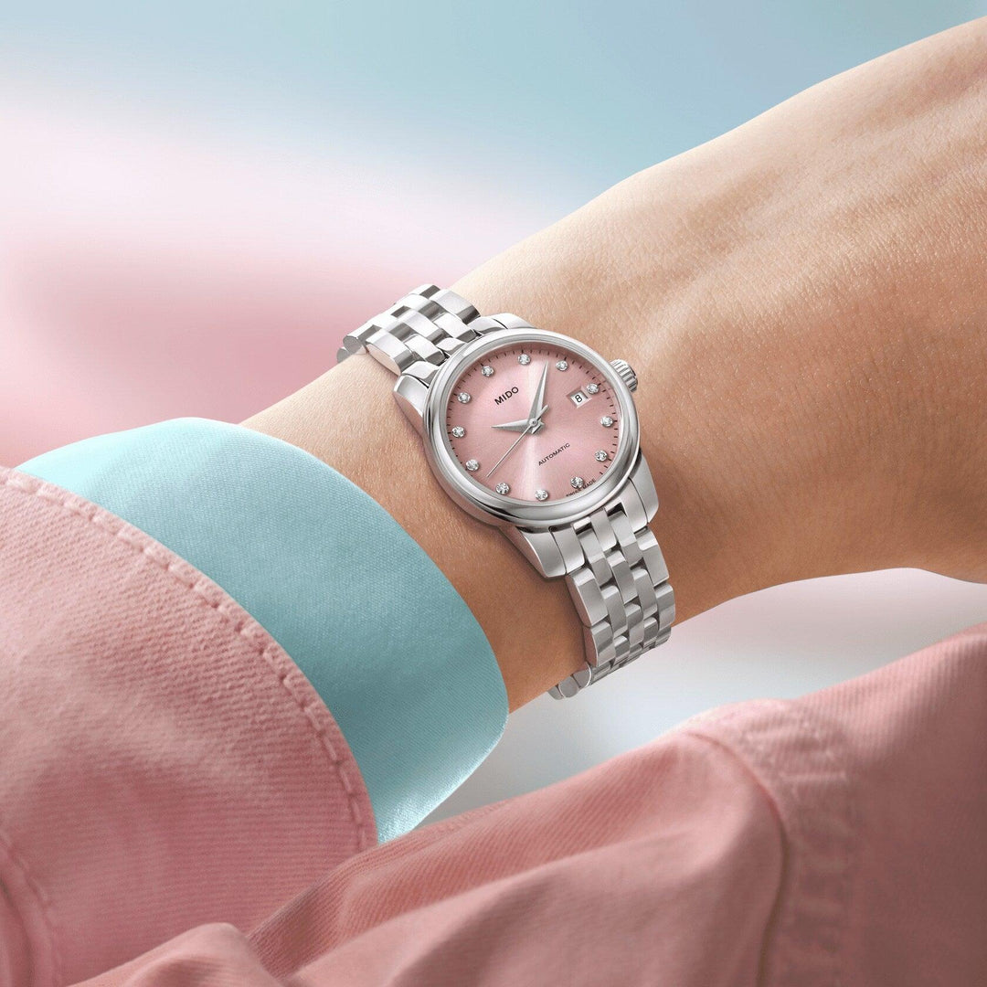 Relógio Mido Baroncelli Lady Twenty Five 25mm rosa automático aço M039.007.11.336.00 - Capodagli 1937