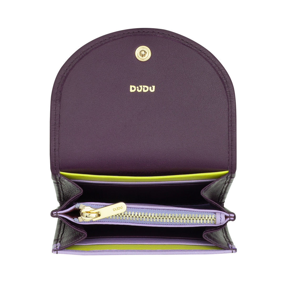 DUDU Mini slanke damesportemonnee van echt leer met portemonnee met ritssluiting, knoopsluiting, compacte gekleurde portemonnee