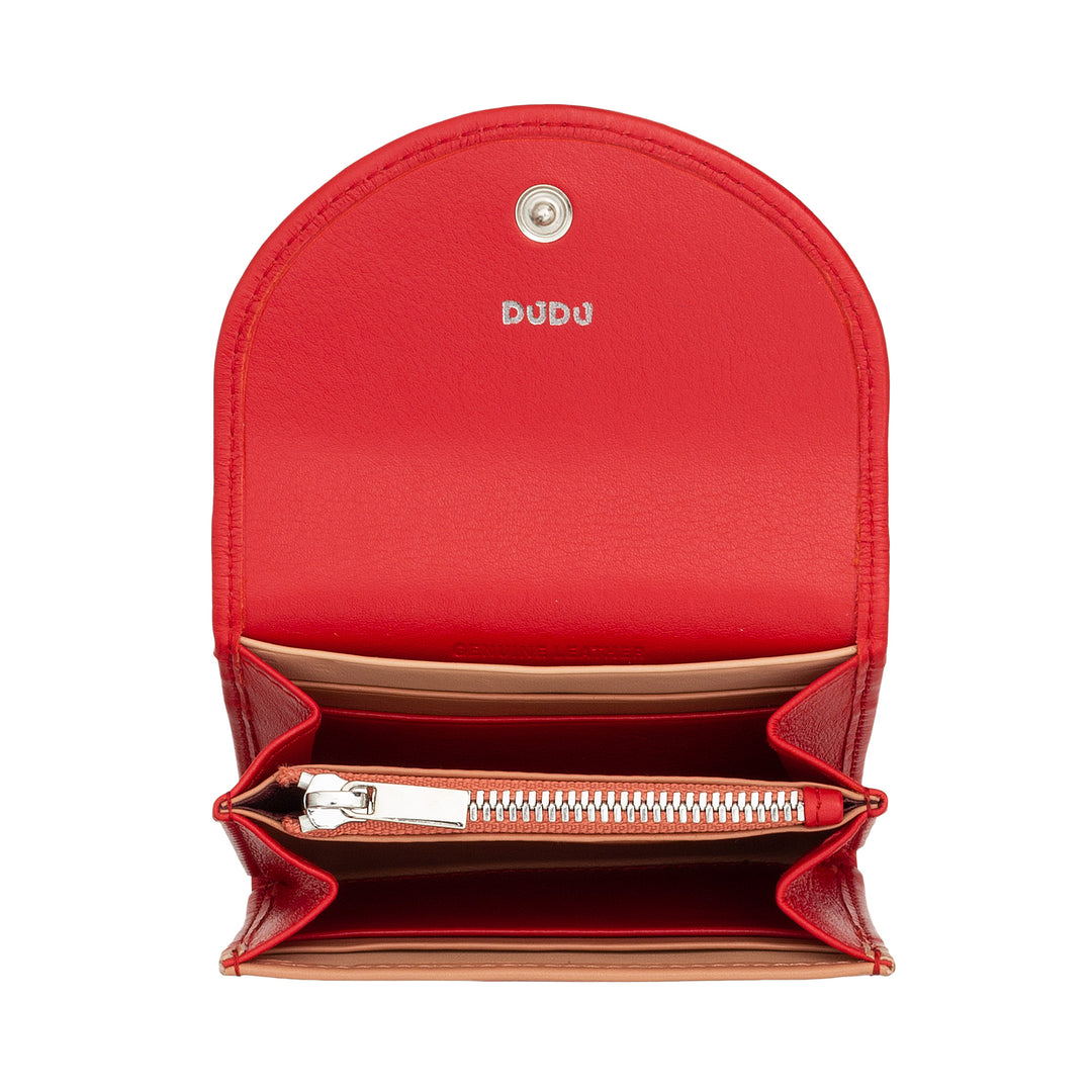 DUDU Mini slanke damesportemonnee van echt leer met portemonnee met ritssluiting, knoopsluiting, compacte gekleurde portemonnee