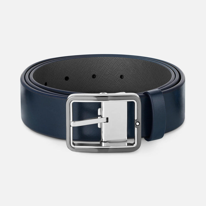 Montblanc 35mm belt with rectangular buckle in blue/grey leather, reversible, adjustable size 131193 - Capodagli 1937