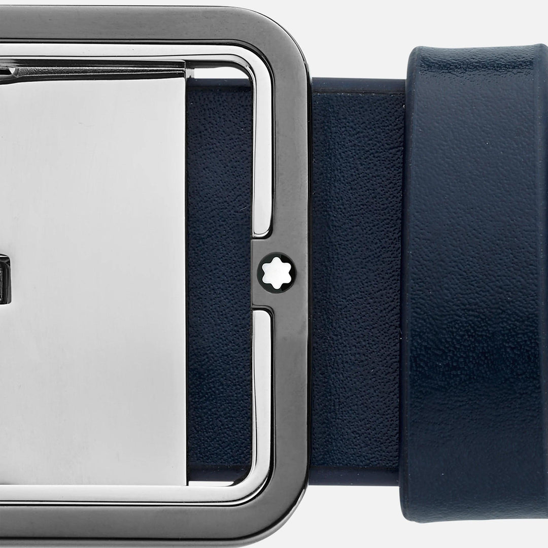 Montblanc 35mm belt with rectangular buckle in blue/grey leather, reversible, adjustable size 131193 - Capodagli 1937