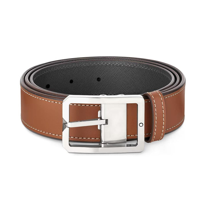 Montblanc 35mm belt with rectangular buckle in brown/grey leather, reversible, adjustable size 131164 - Capodagli 1937