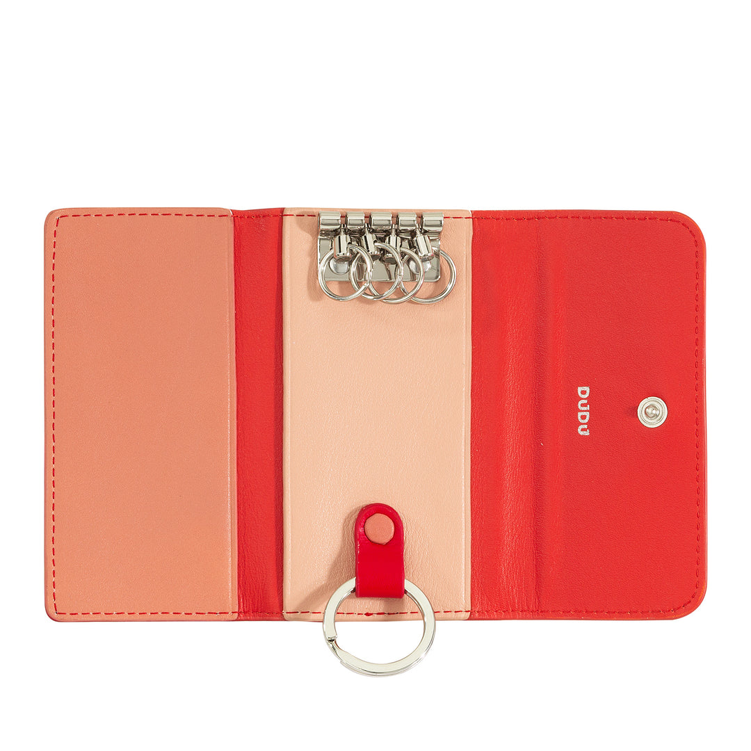 Έγχρωμη δερμάτινη θήκη για μπρελόκ DUDU με 5 δαχτυλίδια για κλειδιά αυτοκινήτου σπιτιού, Minimal Design, με κουμπί