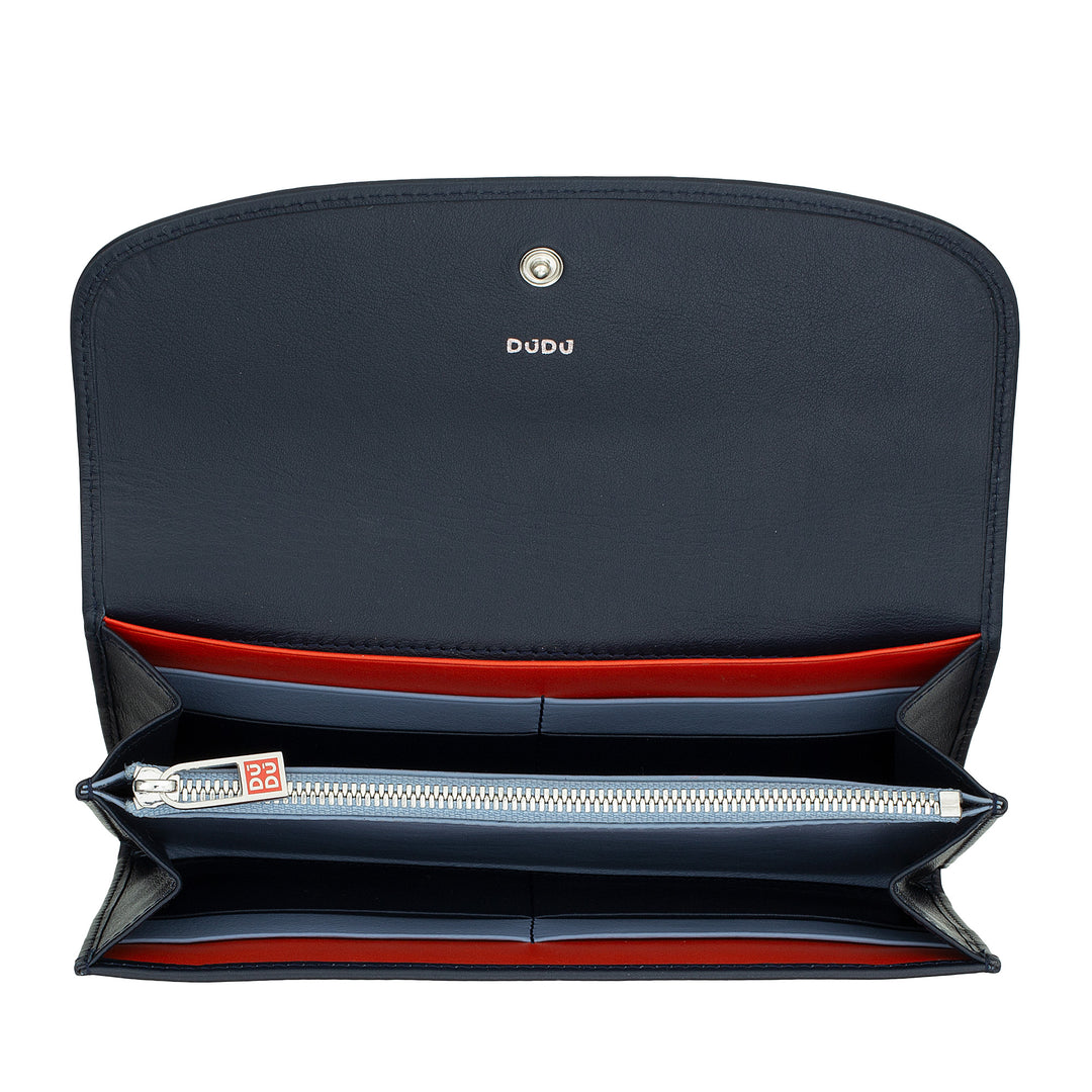 DUDU Large Women's Wallet in Colored Leather, Continental Wallet, Credit Card Pockets, Coin Purse with Zipper