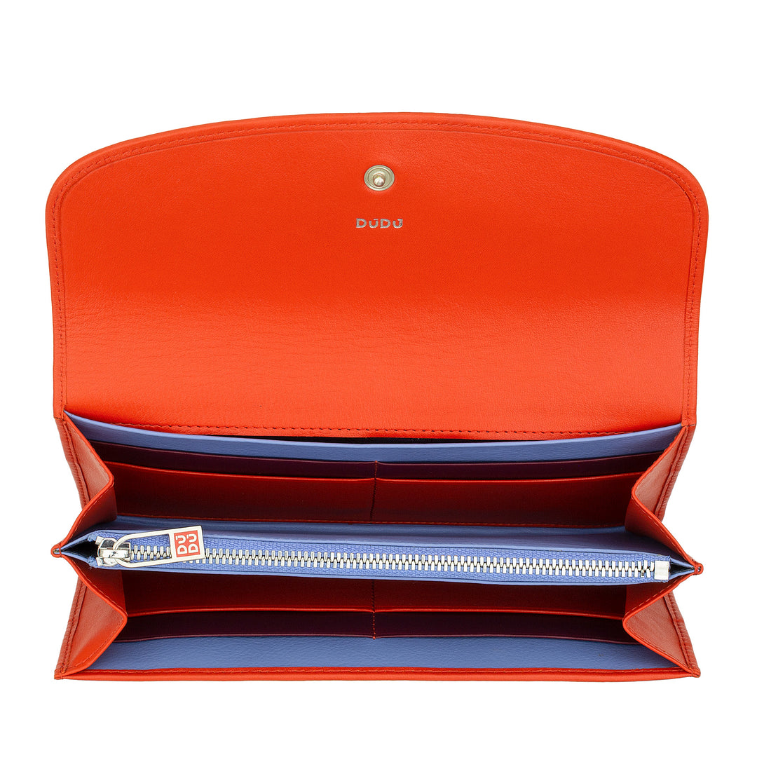 DUDU Large Women's Wallet in Colored Leather, Continental Wallet, Credit Card Pockets, Coin Purse with Zipper