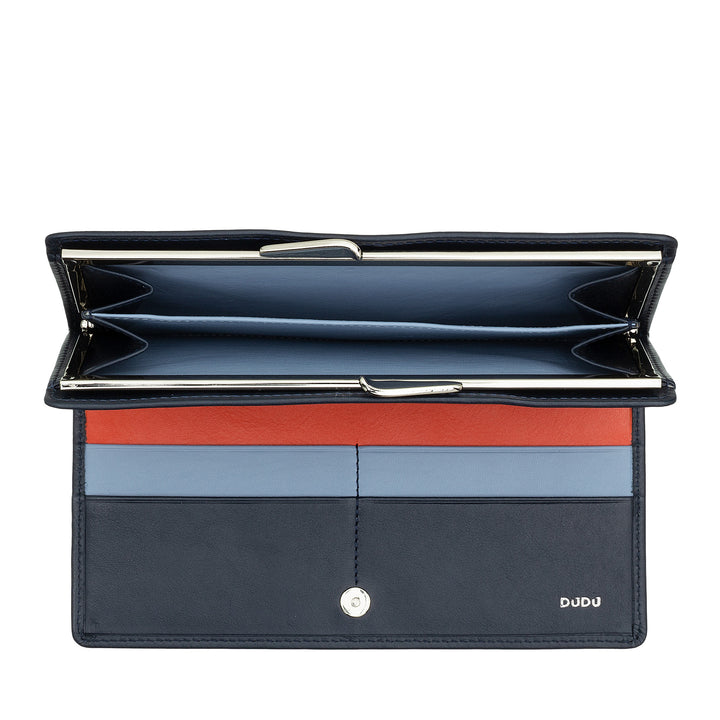 DUDU Große Damen-Geldbörse aus echtem Leder mit RFID-Schutz, Kreditkartenetui mit Münzfach Clic Clac, bunte Geldschein-Geldbörse