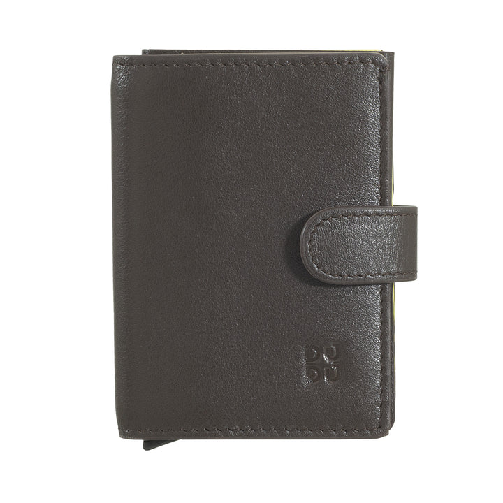 DUDU Men's Leather Card Holder Wallet RFID Protection, Small Miniwallet with Aluminum Cardprotector, Banknote Holder and Button Closure
