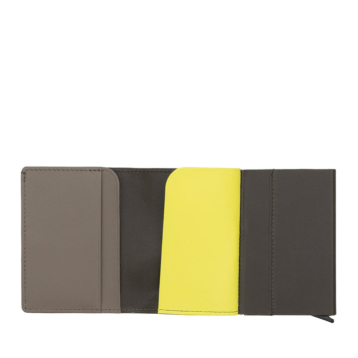 DUDU Men's Leather Card Holder Wallet RFID Protection, Small Miniwallet with Aluminum Cardprotector, Banknote Holder and Button Closure