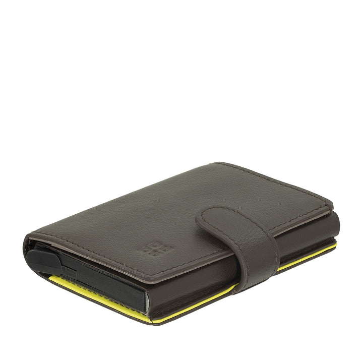 DUDU Men's Leather Card Holder Wallet RFID Protection, Small Miniwallet with Aluminum Cardprotector, Banknote Holder and Button Closure