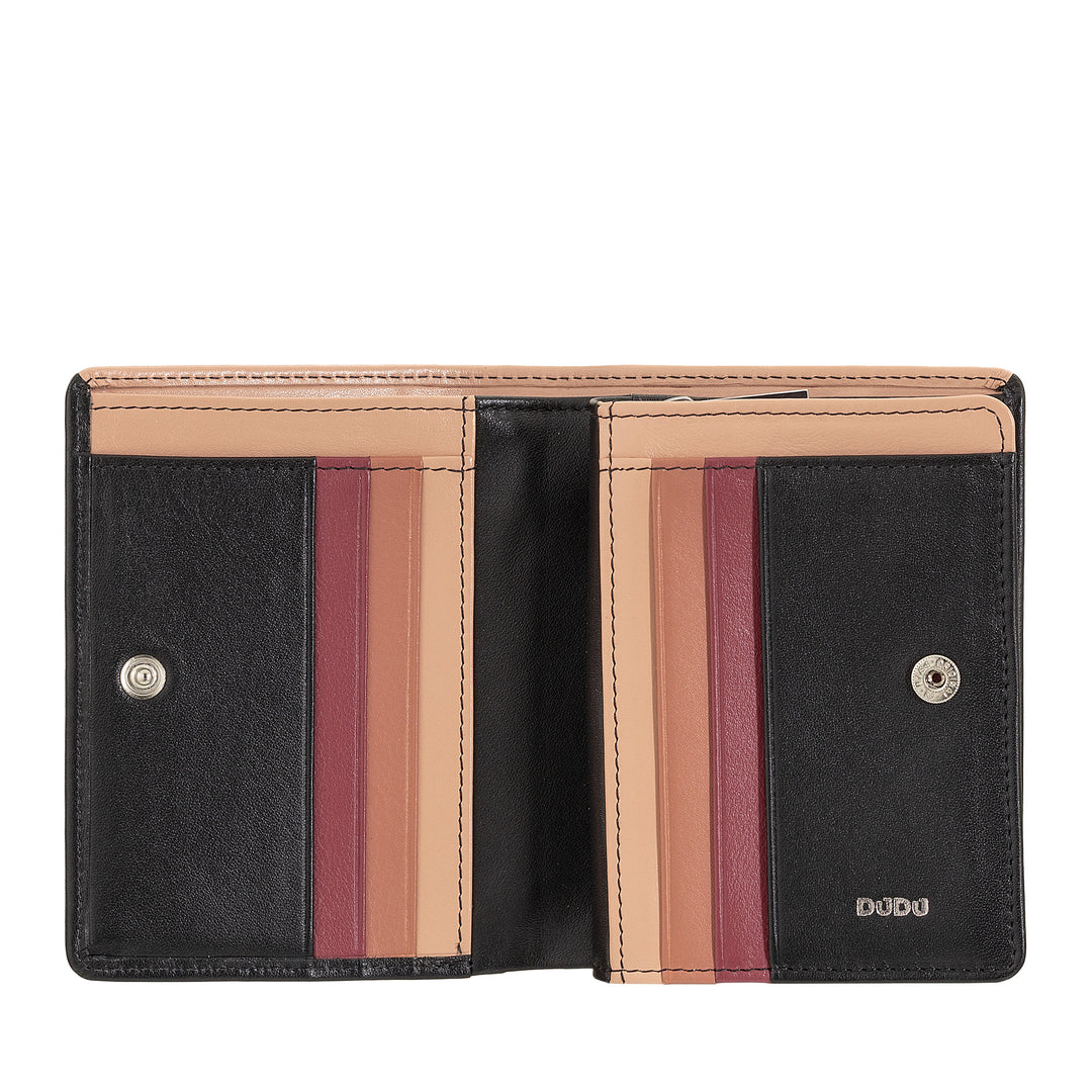 DUDU Small Women's Wallet in Colored Leather Card and Card Holder with Zip and Button Coin Purse