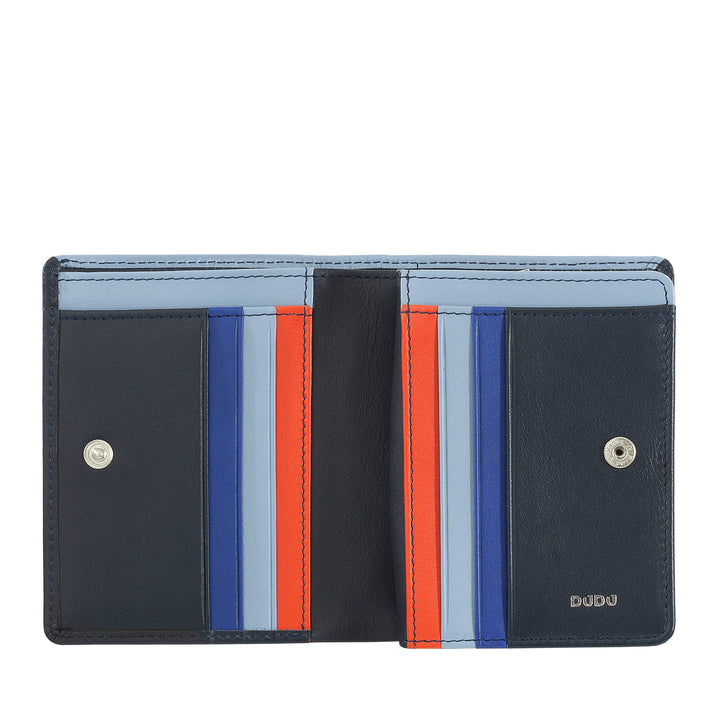 DUDU Small Women's Wallet in Colored Leather Card and Card Holder with Zip and Button Coin Purse