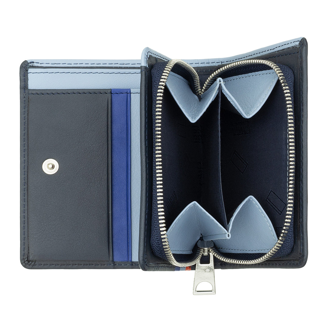 DUDU Small Women's Wallet in Colored Leather Card and Card Holder with Zip and Button Coin Purse