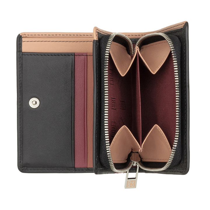 DUDU Small Women's Wallet in Colored Leather Card and Card Holder with Zip and Button Coin Purse