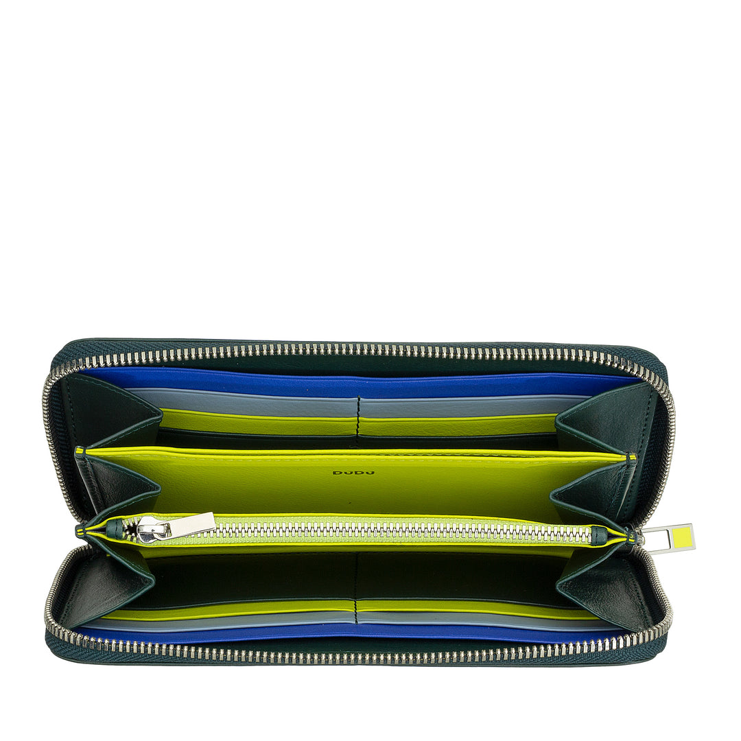 DUDU Große RFID-Damenbrieftasche aus echtem farbigem Leder mit umlaufendem Reißverschluss