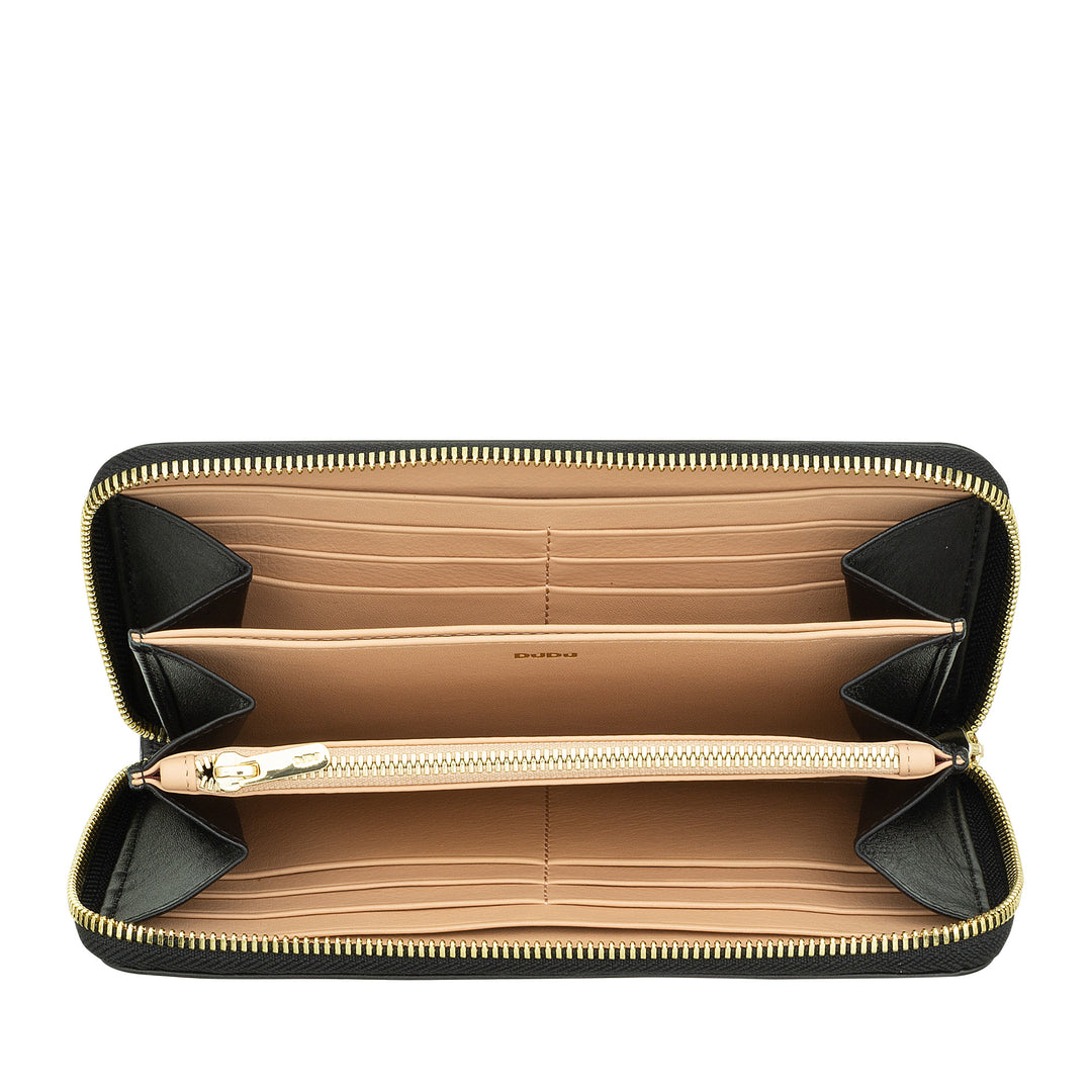 DUDU store RFID-pung til kvinder i ægte læder med tryk, punge med lynlås med møntpung, kortholder og fuld lynlås