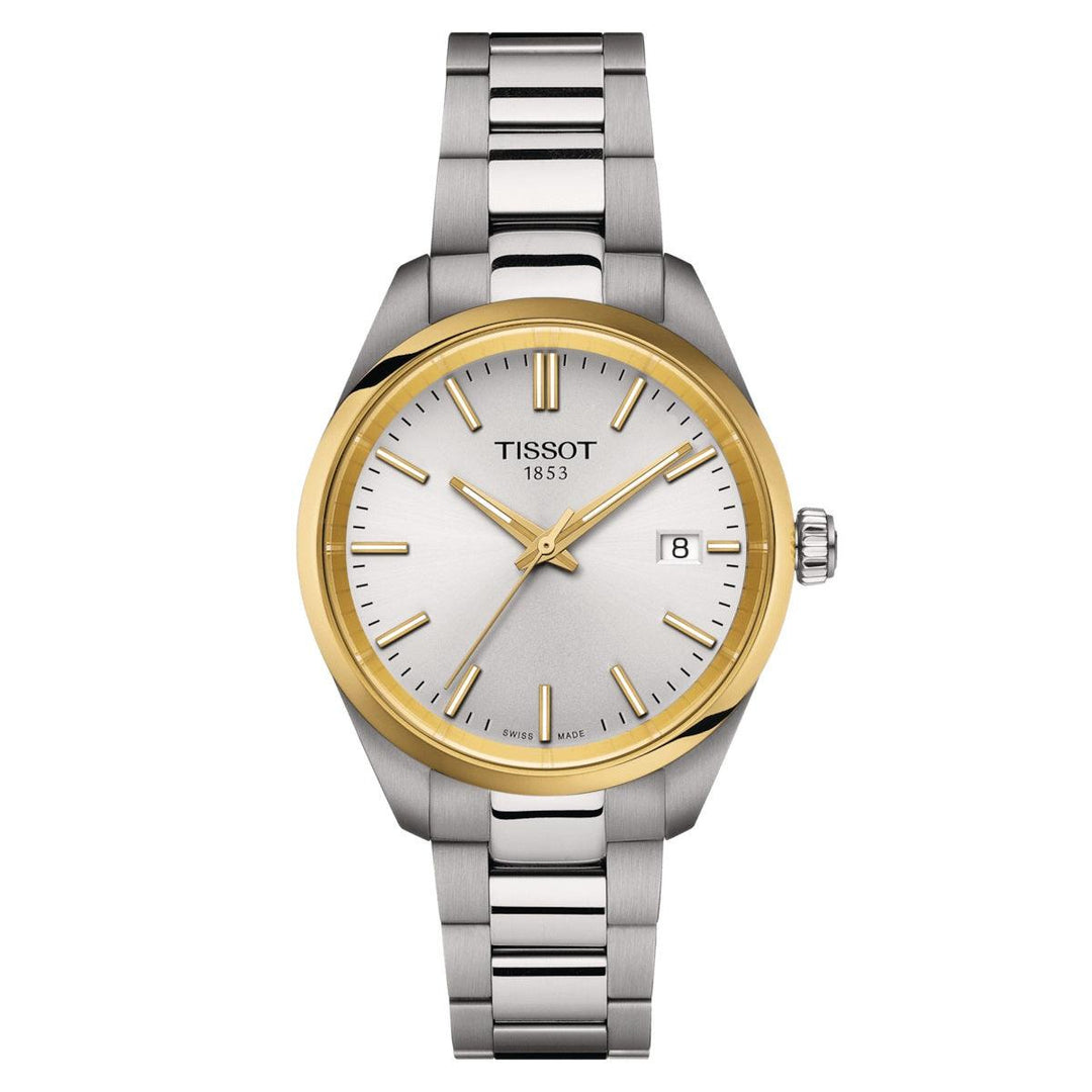 Ceas Tissot PR 100 34mm argintiu quartz otel PVD finisaj aur galben T150.210.21.031.00 - Capodagli 1937