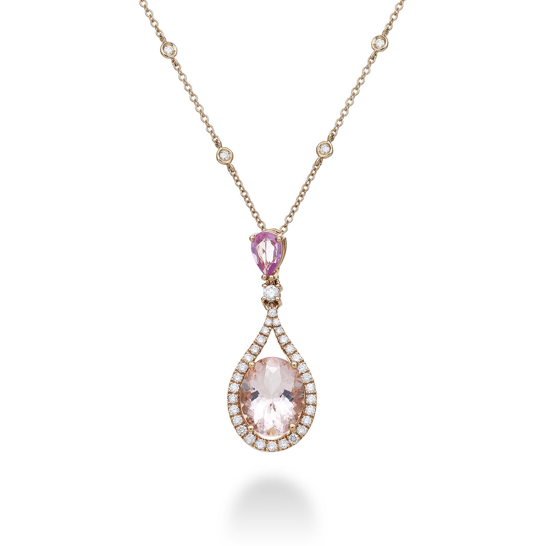World Diamond Group oválný morganitový náhrdelník 10x8 a kapka 6x4 +diam PCLC149DMO810-23076110154