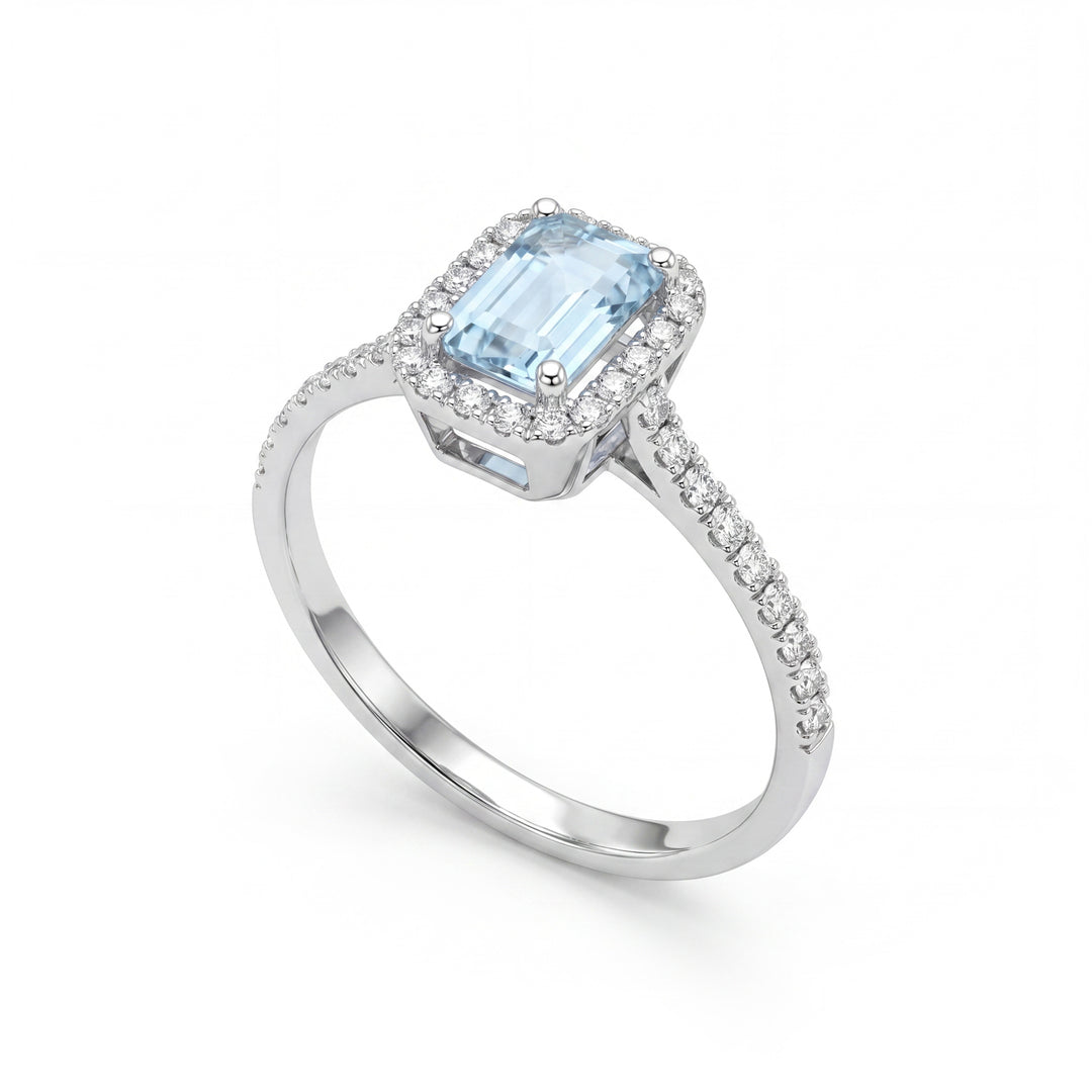 Mikiko an 18k aquamarine oct. 6x4 with diamond outline and recessed shank MA5232O4AM