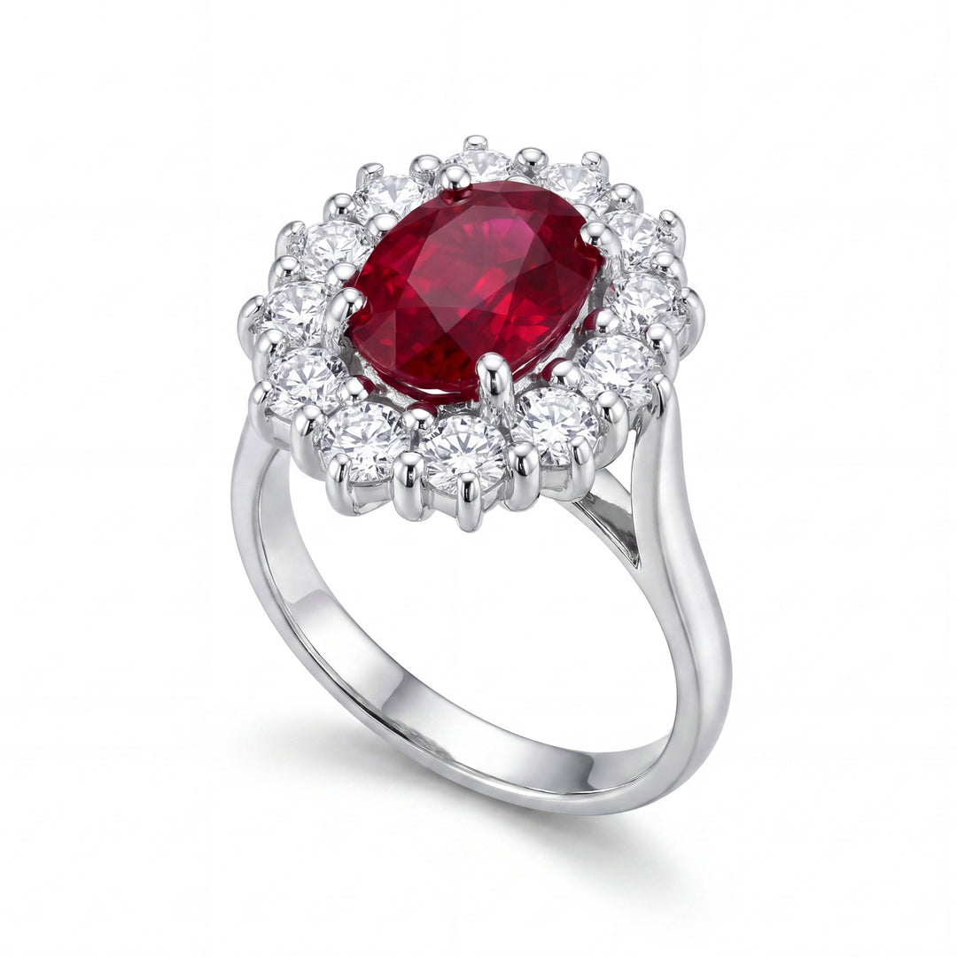 Anel oval de rubi Golay 9x7 com contorno de 12 diamantes ACLC892DRU97-26140110213