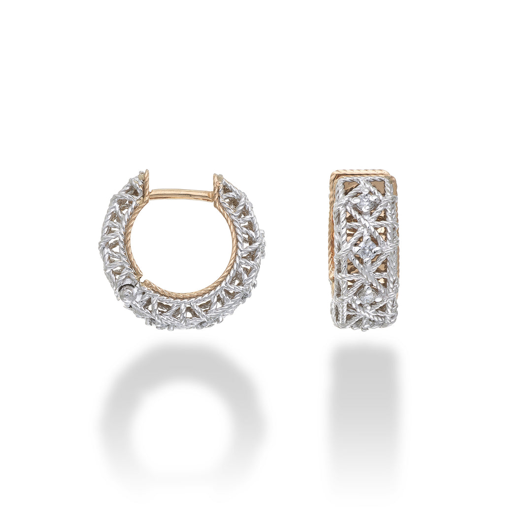 Pendientes Golay en oro de 18k con diamantes y una textura que simula cuerdas entrelazadas. exterior en oro blanco e interior en oro rosa GOR024O7D