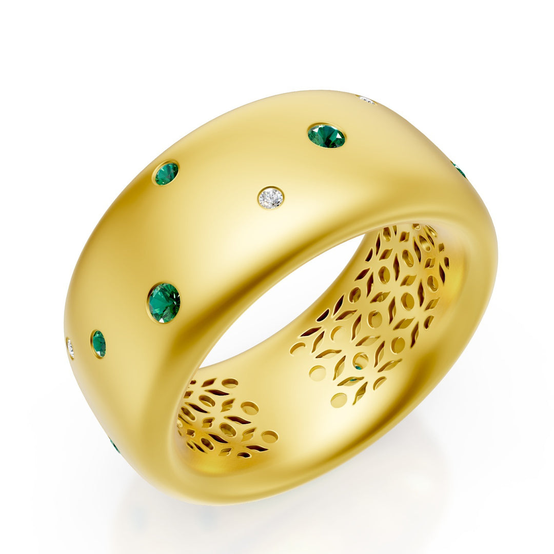 Bague Golay en or 18 carats avec diamants et émeraudes épars, jaune satiné, taille 14 GAN021O1DSMS-14