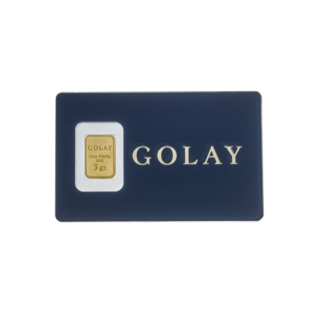 Golay buborékfólia, 18 karátos arany rúd, 3 gramm, plexi golay BLTGOLD3G_GO