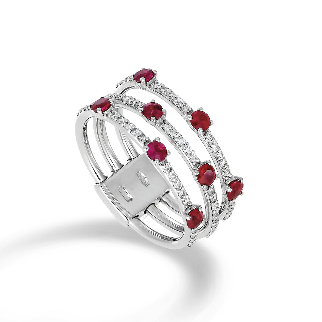Bague multi-rangs Golay trois rangs diamants et rubis ATM002DIRU-22158110037