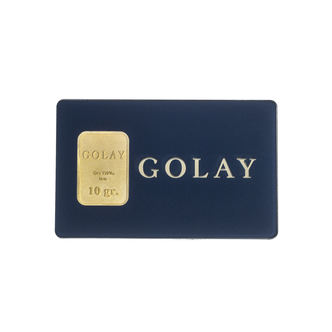 Golay buborékfólia 18 karátos arany rúd 10 grammos, plexi golay BLTGOLD10G_GO