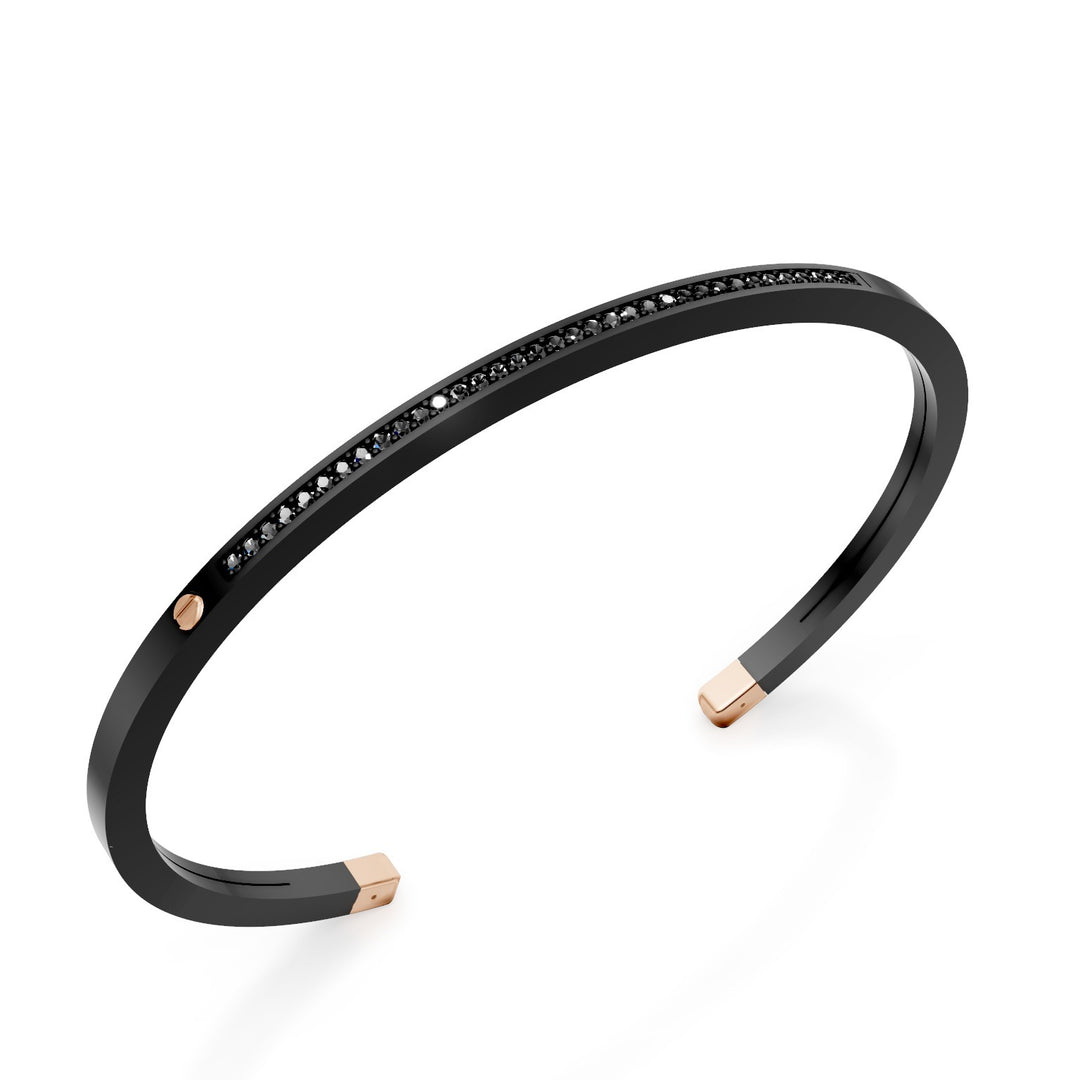 Bracelet esclave World Diamond Group en titane noir, avec une rangée de diamants noirs et des inserts en or rose 18 carats, taille moyenne GBR036O3BKNE_M
