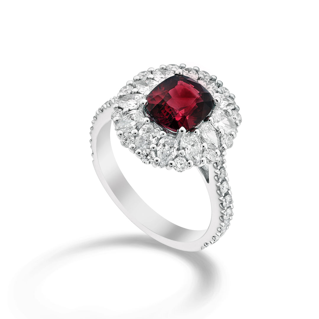 Bague rubis coussin Golay 8x7 et diamants gouttes et ronds APU510DRU-26131110087