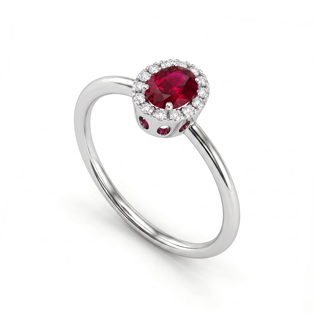 Nihama um rubi oval 18k 5x4 com contorno de diamante e haste lisa NA5234O4RBC