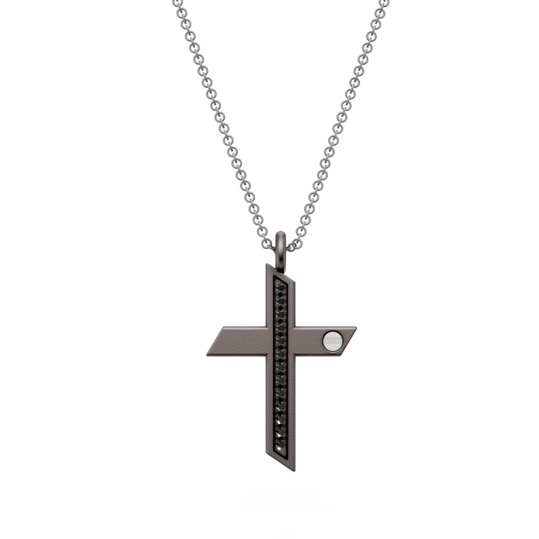 World Diamond Group cross necklace with black diamonds in black titanium and gray chain, with platinum inserts GDCR01PTBKNE