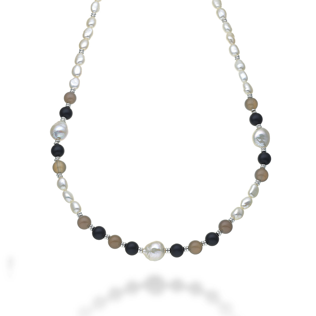 Mikiko cl ag925 fw bar 6/7 nucl.11/12 agate grise et agate noire 8mm 60 cm MC7133A4AGATAGRIGI
